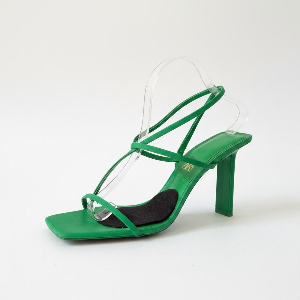 Zara Women Green Leather Strappy Asymmetric Crossover Open Toe Heel Size 42